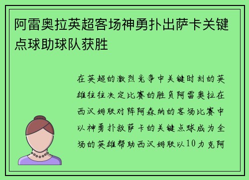 阿雷奥拉英超客场神勇扑出萨卡关键点球助球队获胜